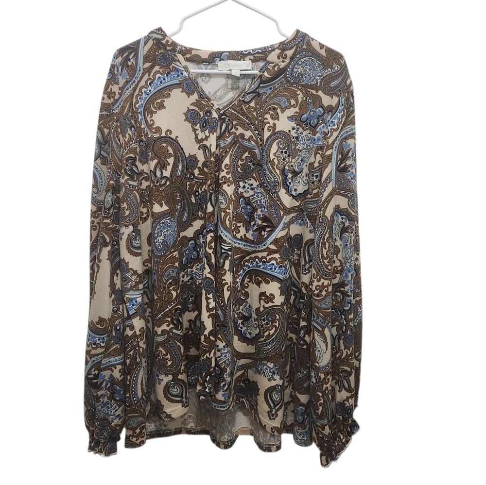 NWOT Suzanne Betro Paisley Blouse Blue and Brown Peasant Boho Soft Plus Size 2X